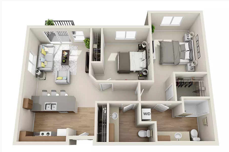 Floor plan for 2 beds, 1.5 baths, 991 sqft